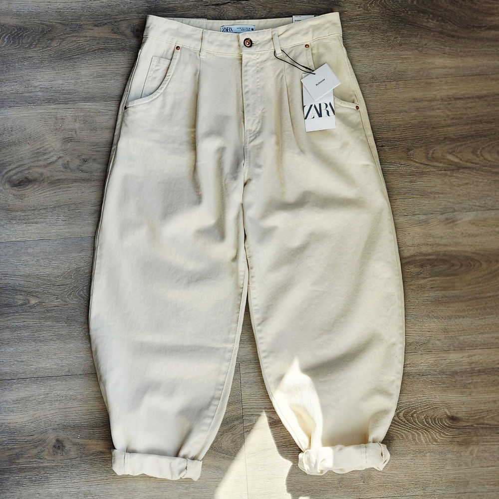Zara Cream Pleated Barrel Denim Jeans NWT 4